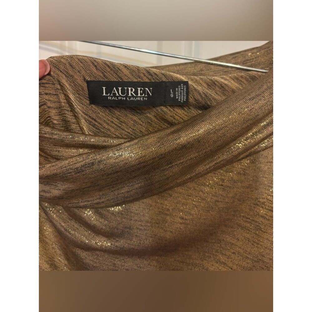 Lauren Ralph Lauren Metallic One Shoulder Gold Shimmer Draped Cocktail Blouse Lg - Picture 9 of 9